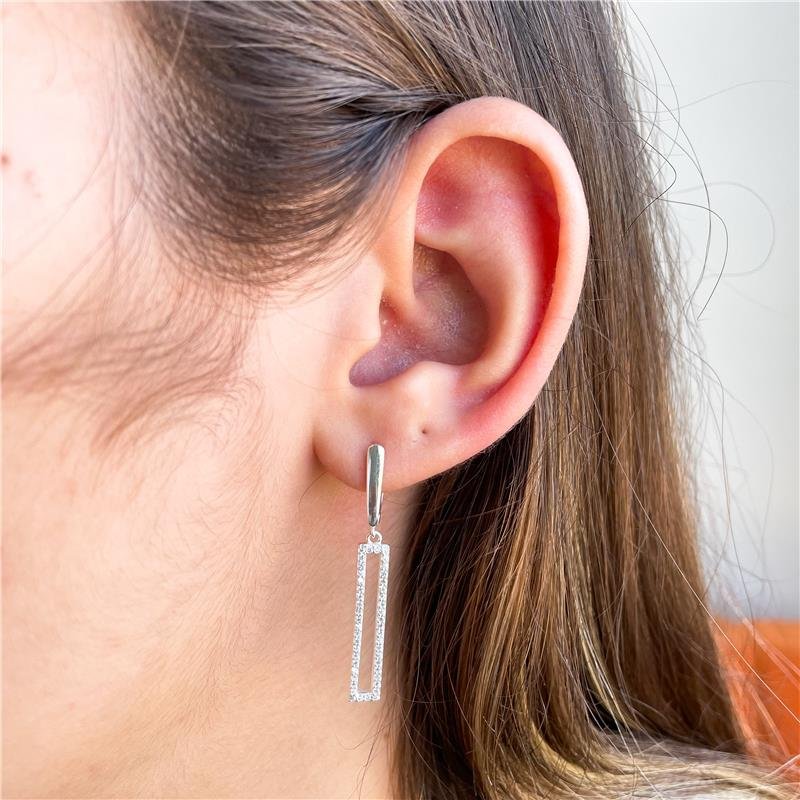 BRINCO RETANGULO LISO E CRAVEJADO PRATA 925