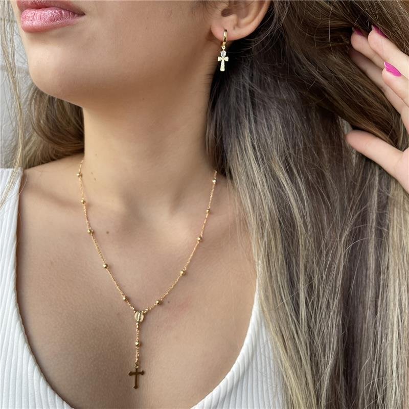 BRINCO ARGOLA CRUZ CRISTAL OURO18K